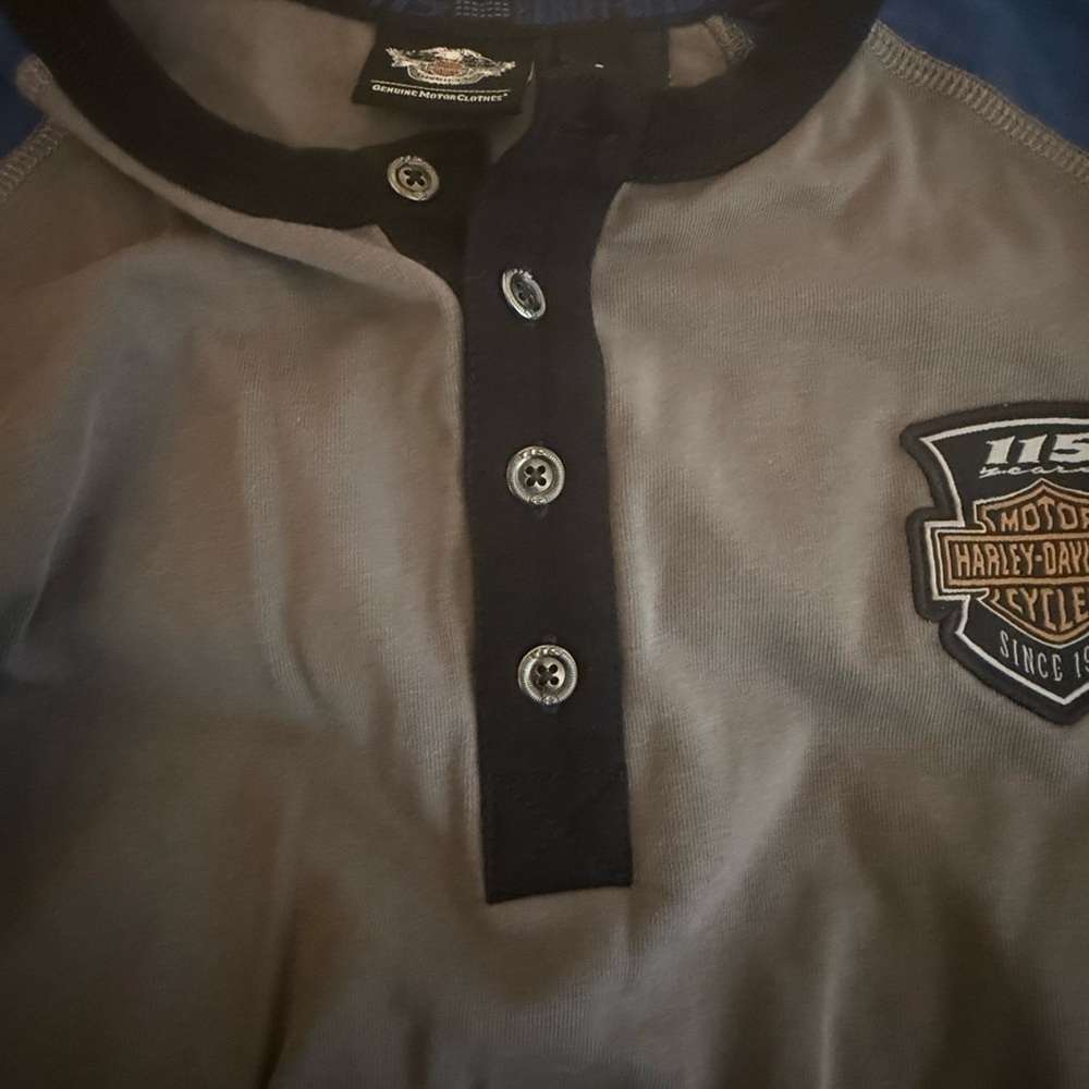Harley Davidson 115 Anniversary Gray & Blue Henley Heavyweight Logo Back Large - Picture 8 of 9